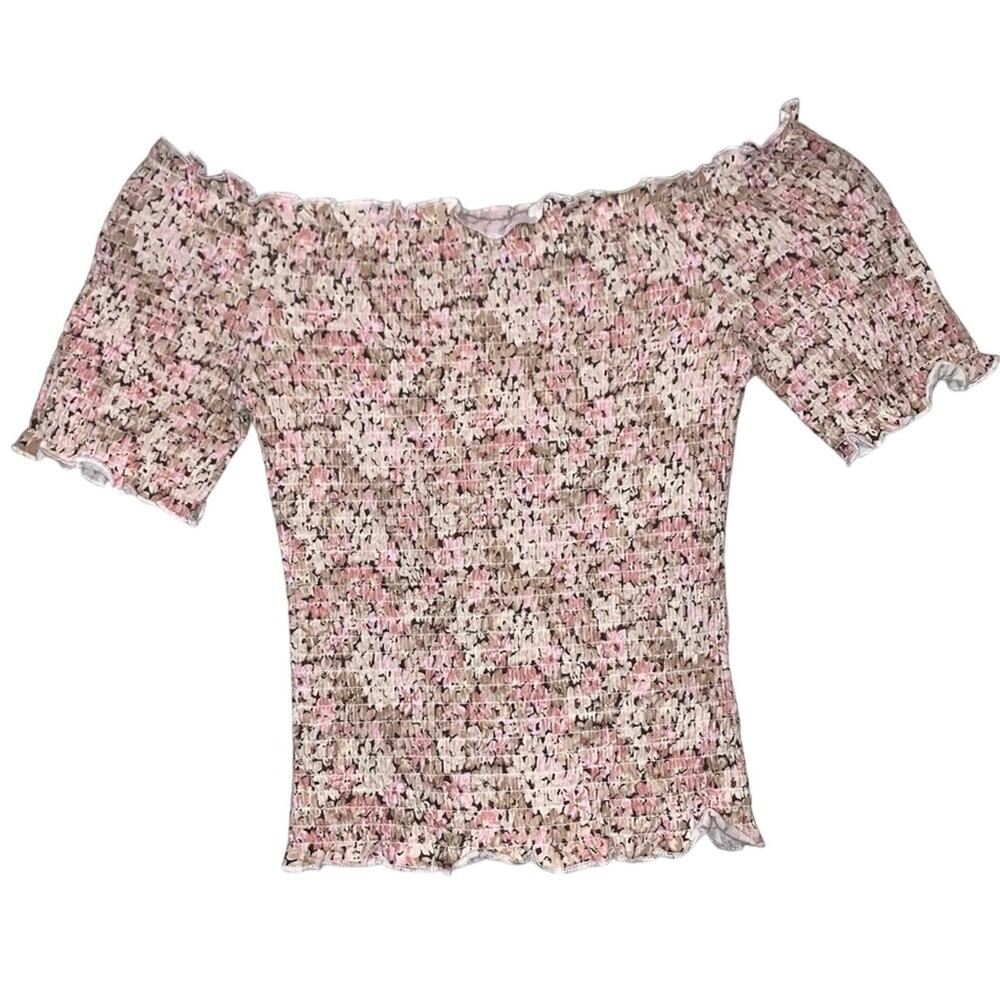 H&M Smocked Floral Off Shoulder‎ Top XS Pink Cream Cottagecore NWT